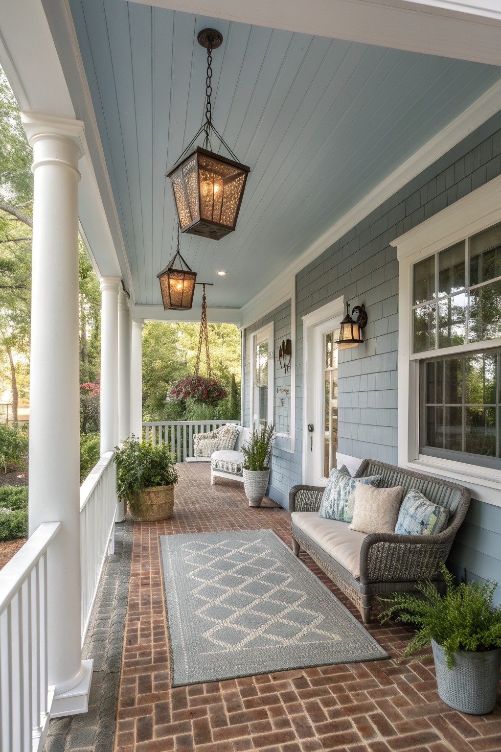 Blue gray siding on a farmhouse porch with white trim and brick flooring.