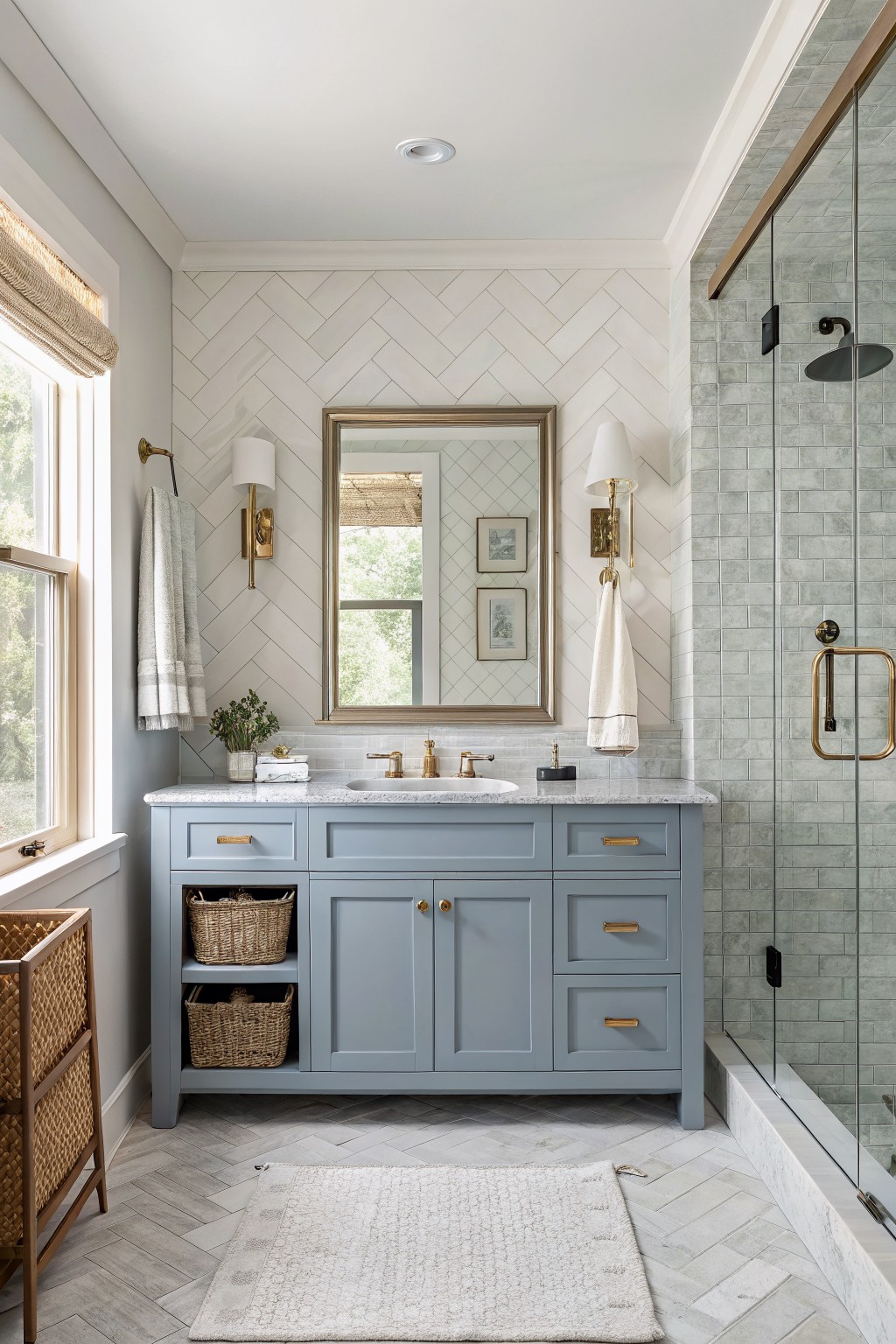 Bathroom vanity in a soft blue gray finish with white marble top.