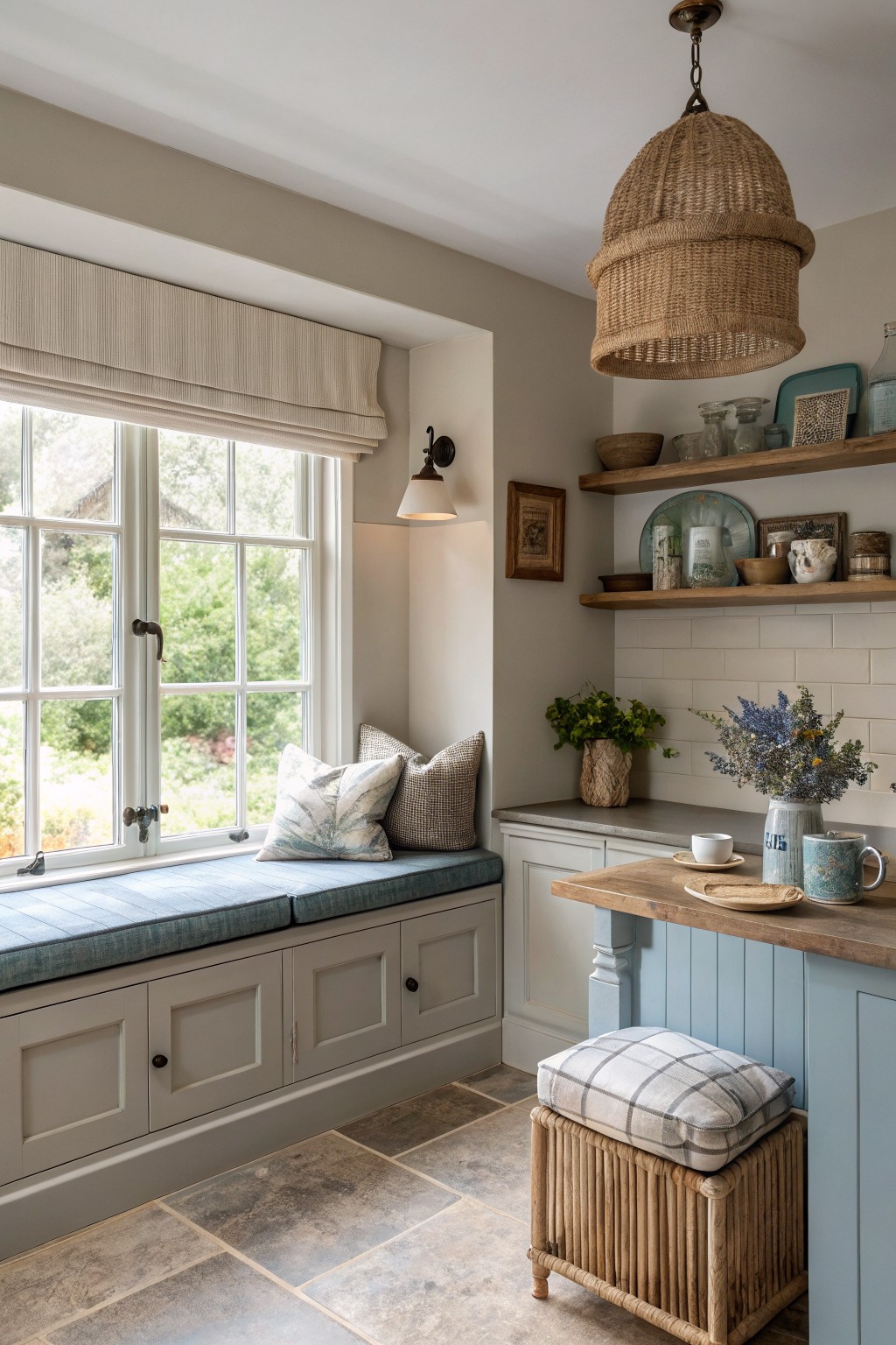 Light gray walls and cabinetry in a kitchen with a window seat.