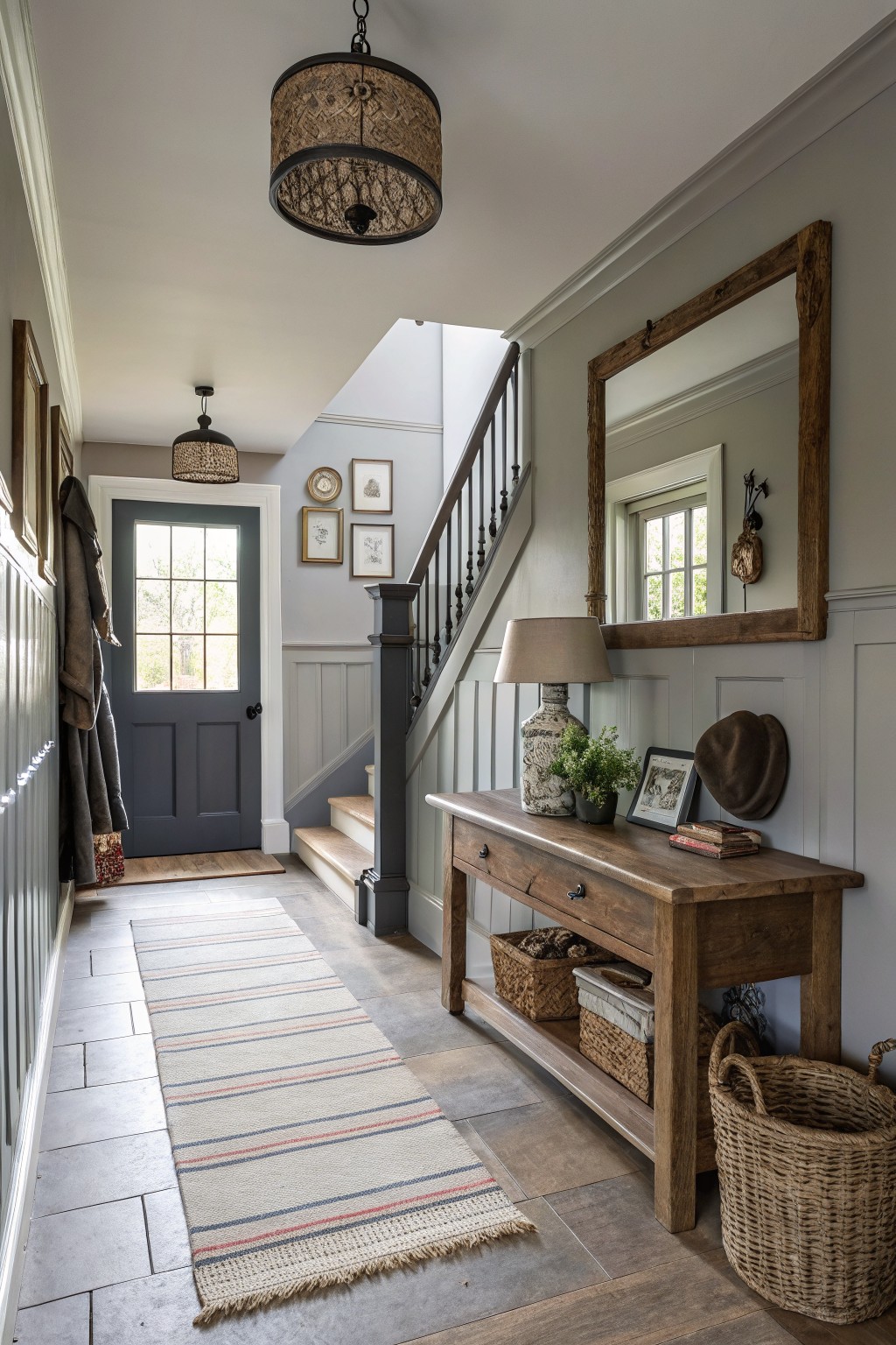 Light gray walls in a farmhouse entryway with wood console and stairs.