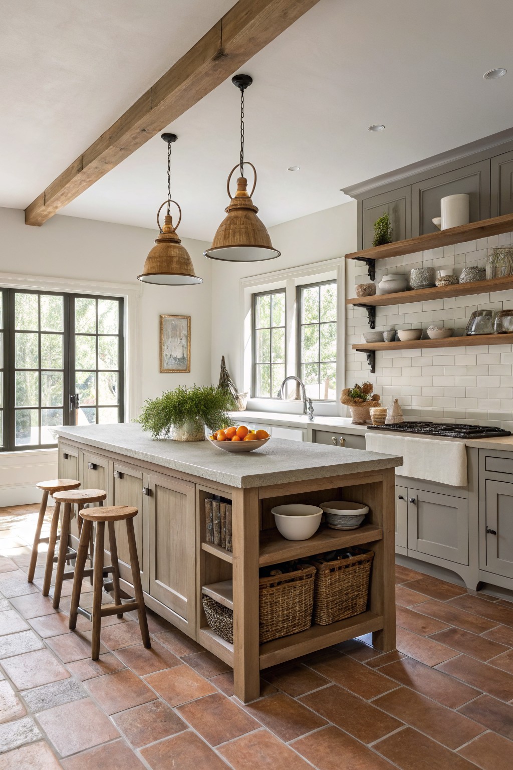 Gray painted kitchen cabinets paired with a wooden island in a bright farmhouse kitchen.
