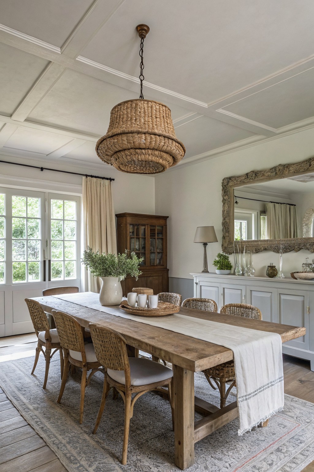 Dining room with soft gray walls and a wooden table on a rug.