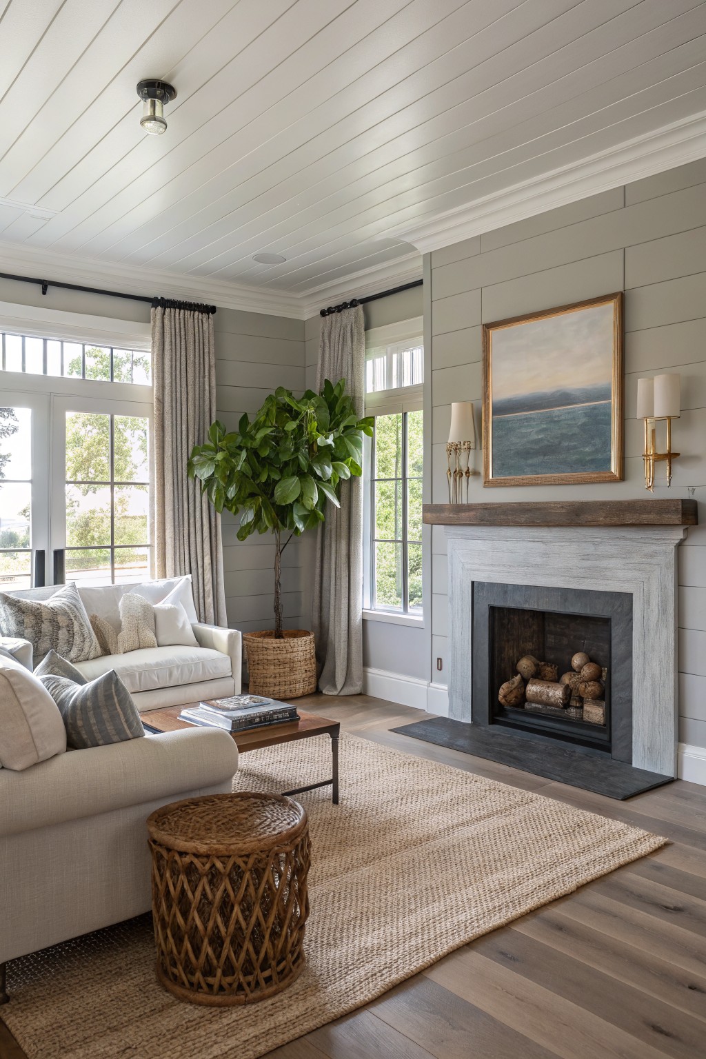 Cozy living room with cream sofa, stone fireplace, potted tree, and jute rug.