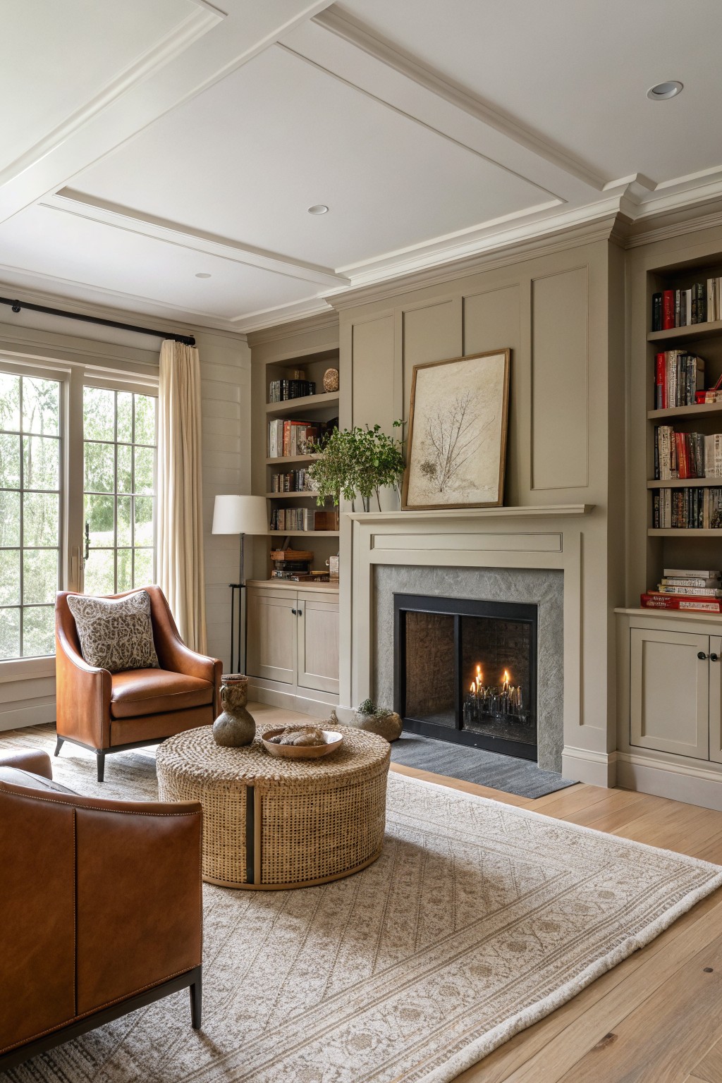 Living room with soft greige walls and built-in shelves around a fireplace.