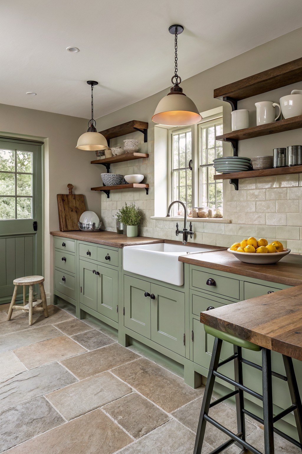 Rustic kitchen with sage green cabinets, wooden countertops, white sink, and pendant lights.