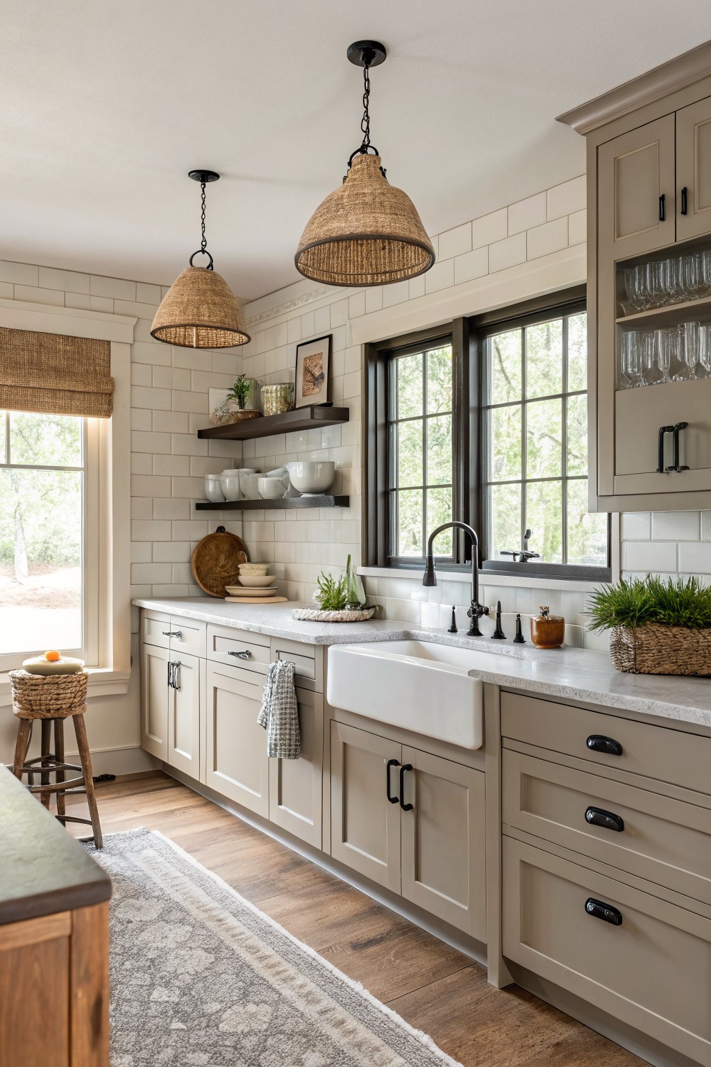Kitchen cabinets painted in a soft warm gray with white tile backsplash and wood flooring.