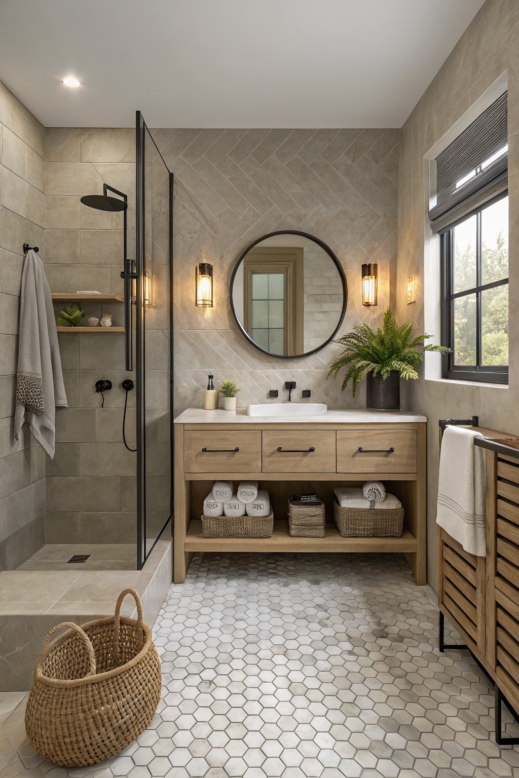 Bathroom walls in a warm gray herringbone tile with a light wood vanity.