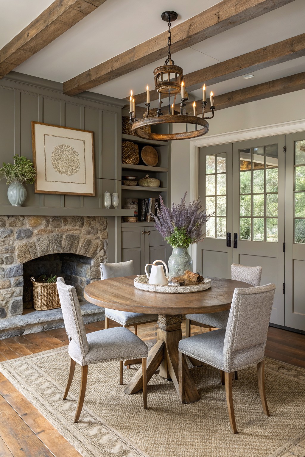 Gray paneled walls in a farmhouse dining room with wood beams and a stone fireplace.