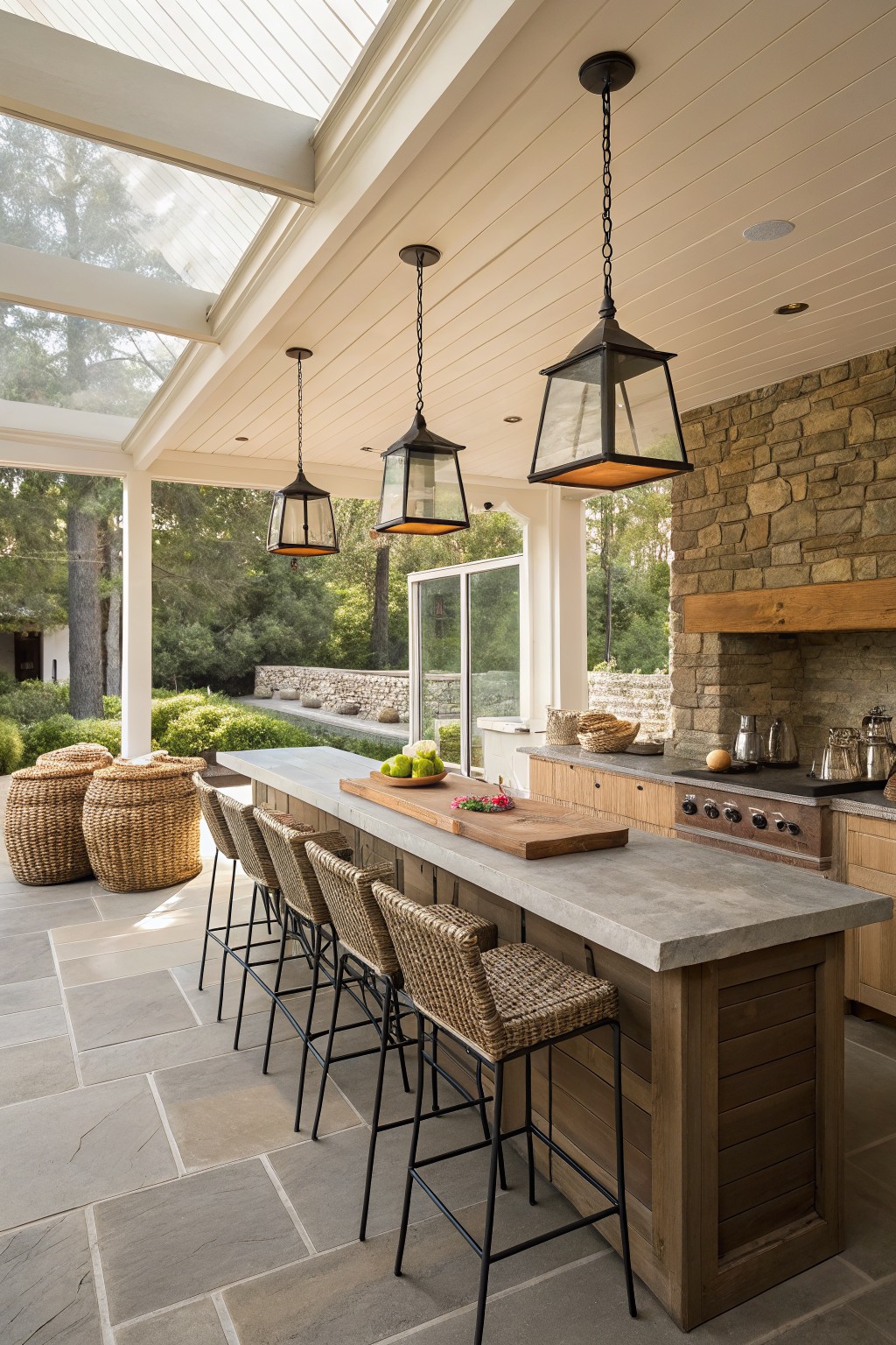 A covered outdoor kitchen area featuring a long concrete bar counter with woven bar stools, pendant lights, and a stone fireplace wall.