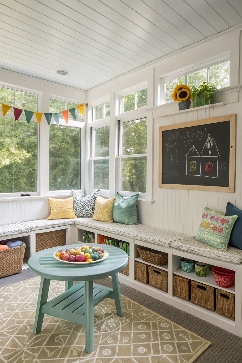 A bright screened porch featuring white built-in benches with storage, a round teal table, colorful pillows, books, and a chalkboard on the wall.