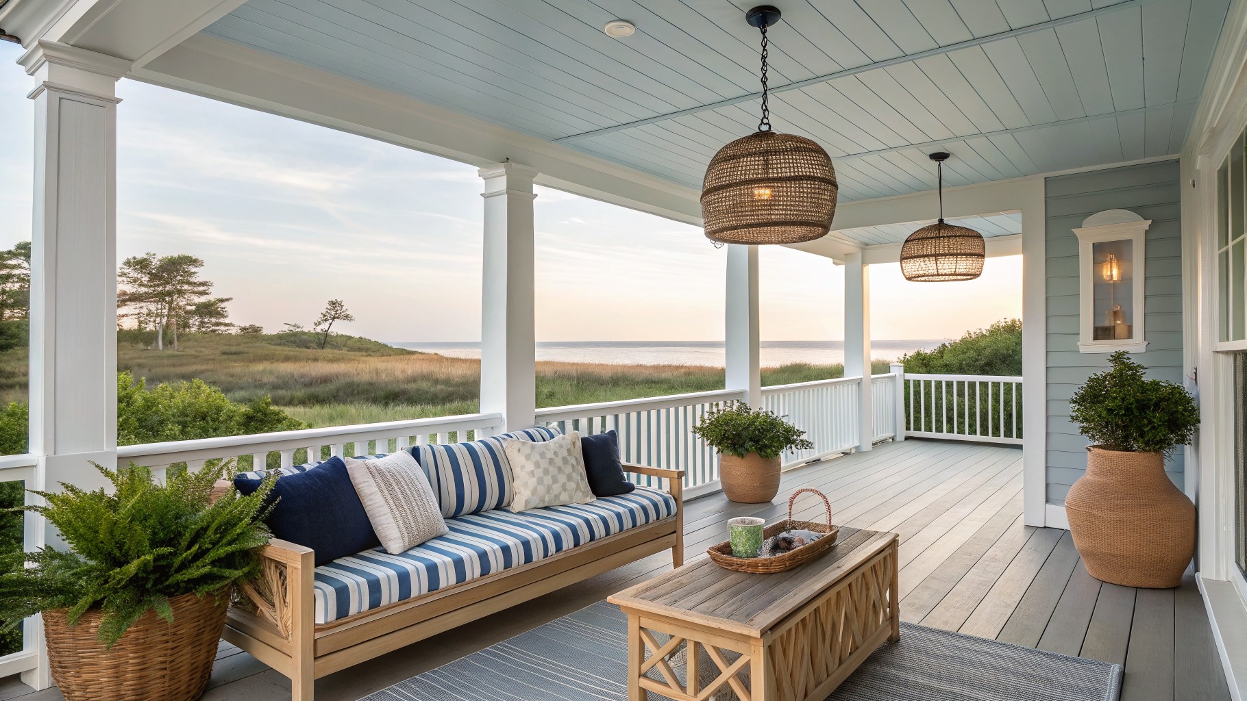 A wooden sofa with blue striped cushions and pillows sits on a gray porch floor beside a round wooden coffee table and woven pendant lights.