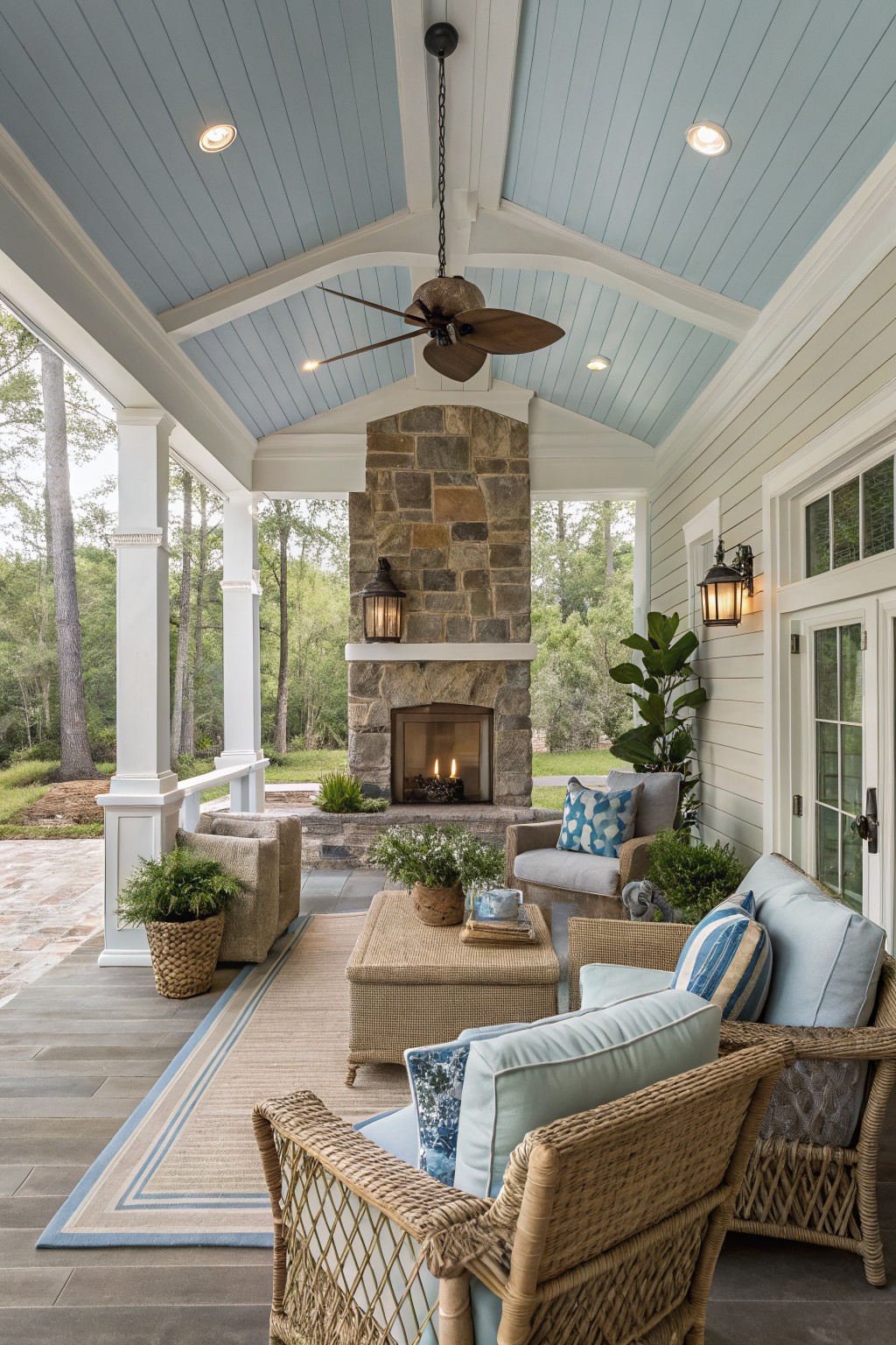 A screened porch with a large stone fireplace, lit fire, wicker seating with blue cushions on a rug, and a ceiling fan under a light blue vaulted ceiling.