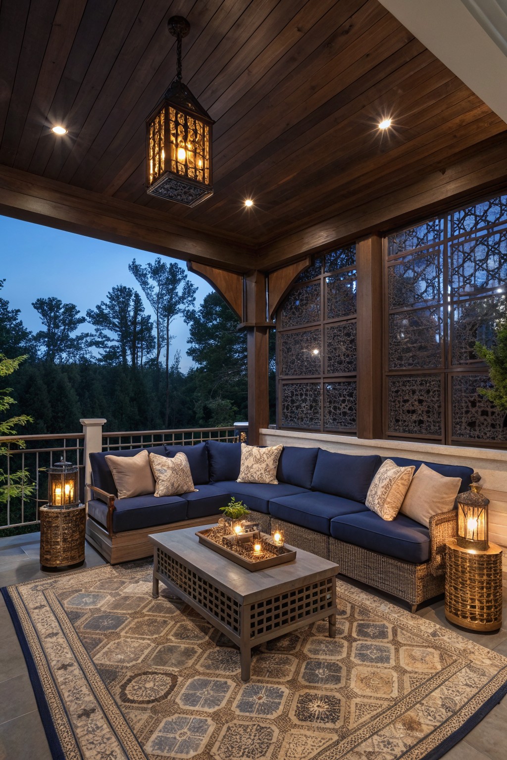 A screened porch featuring a large blue sectional sofa, wooden coffee table on a patterned rug, and multiple lit lanterns under a dark wood ceiling with forest views beyond.