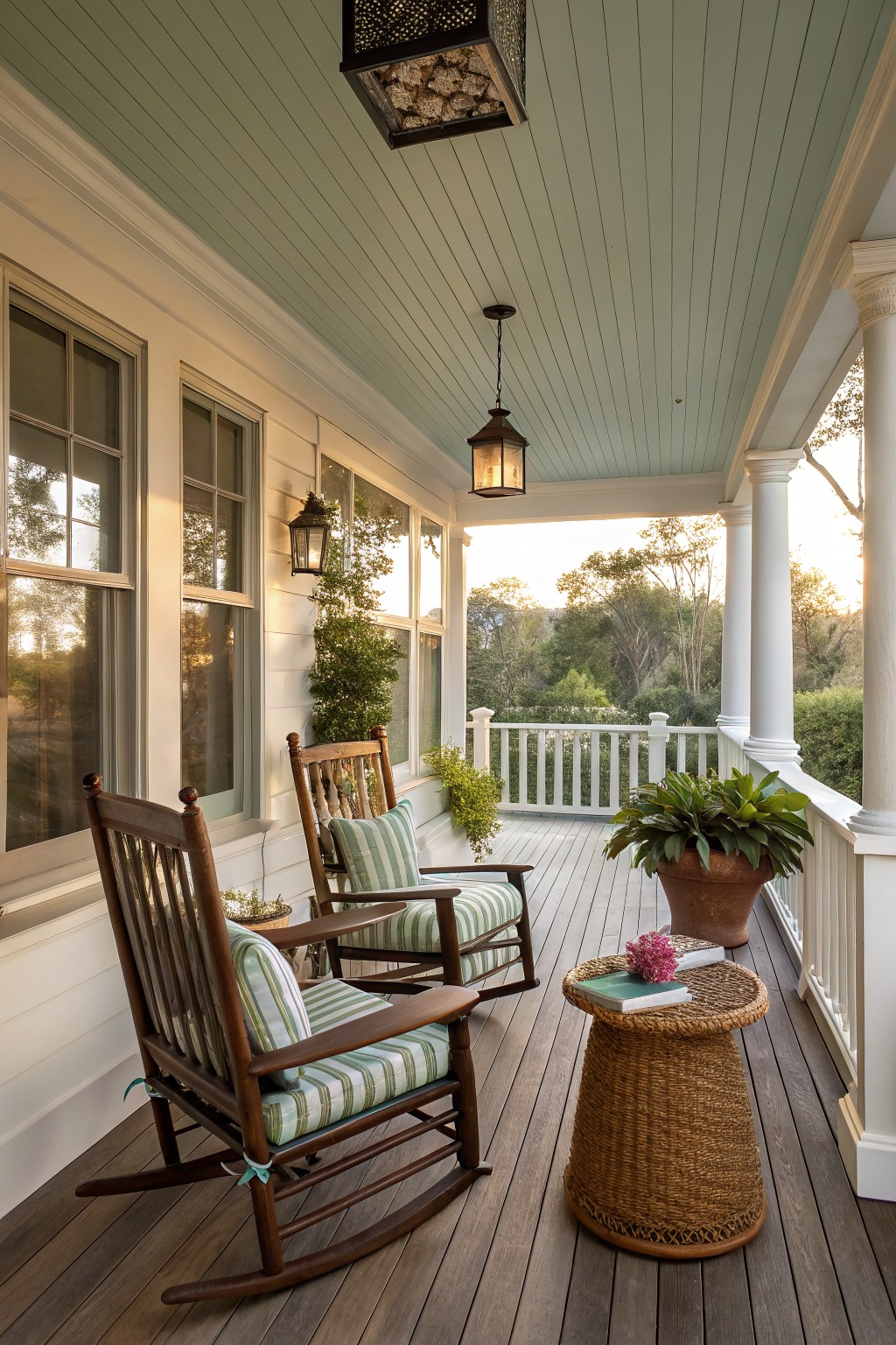 Two wooden rocking chairs with green striped cushions sit on a covered porch next to a woven side table with books and flowers.