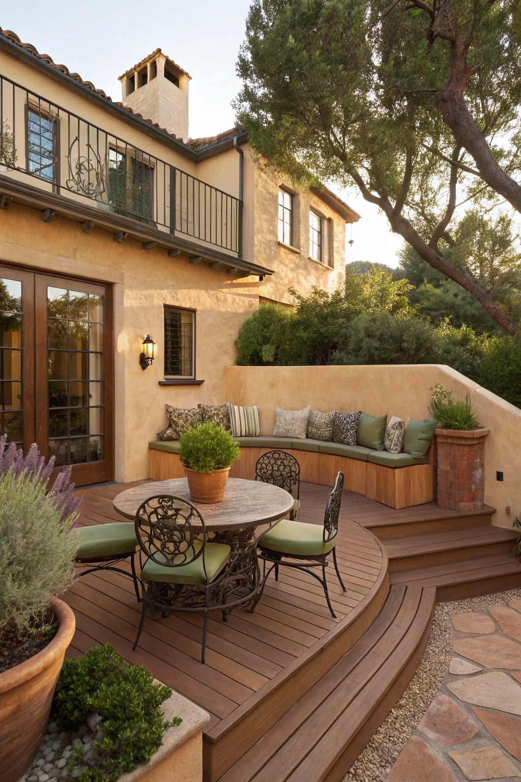 A multi-level wooden backyard deck with built-in bench seating along a stucco wall, a round table with metal chairs, and steps leading to a stone path.