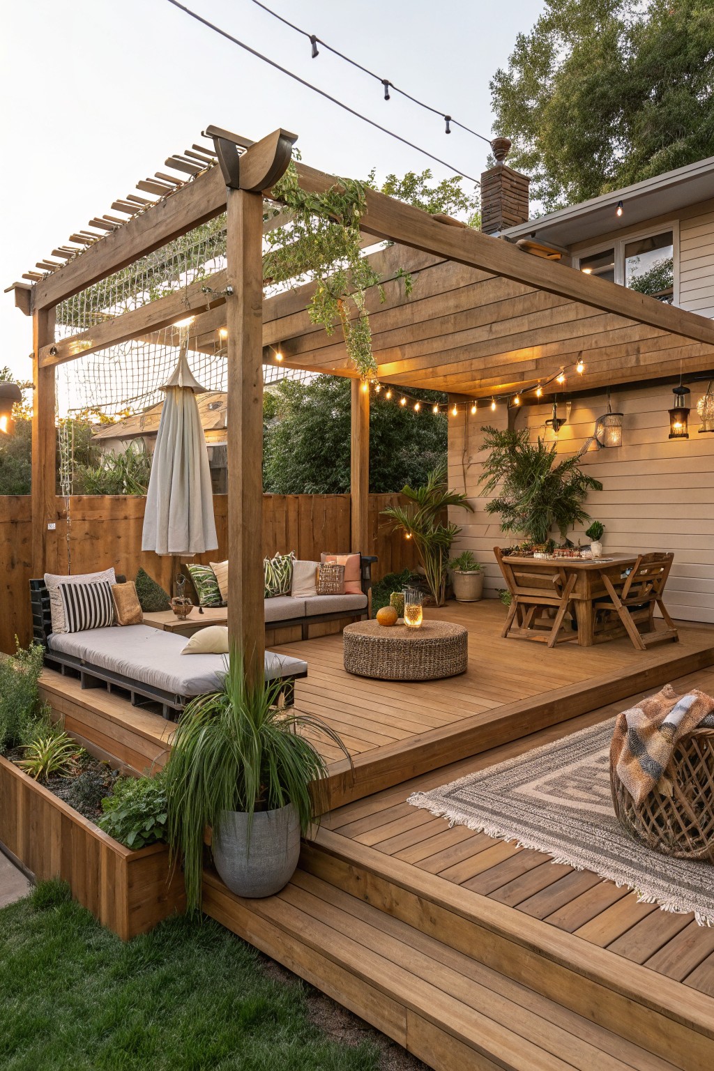 A multi-level wooden backyard deck with a pergola, built-in bench seating, dining table, string lights, and potted plants.