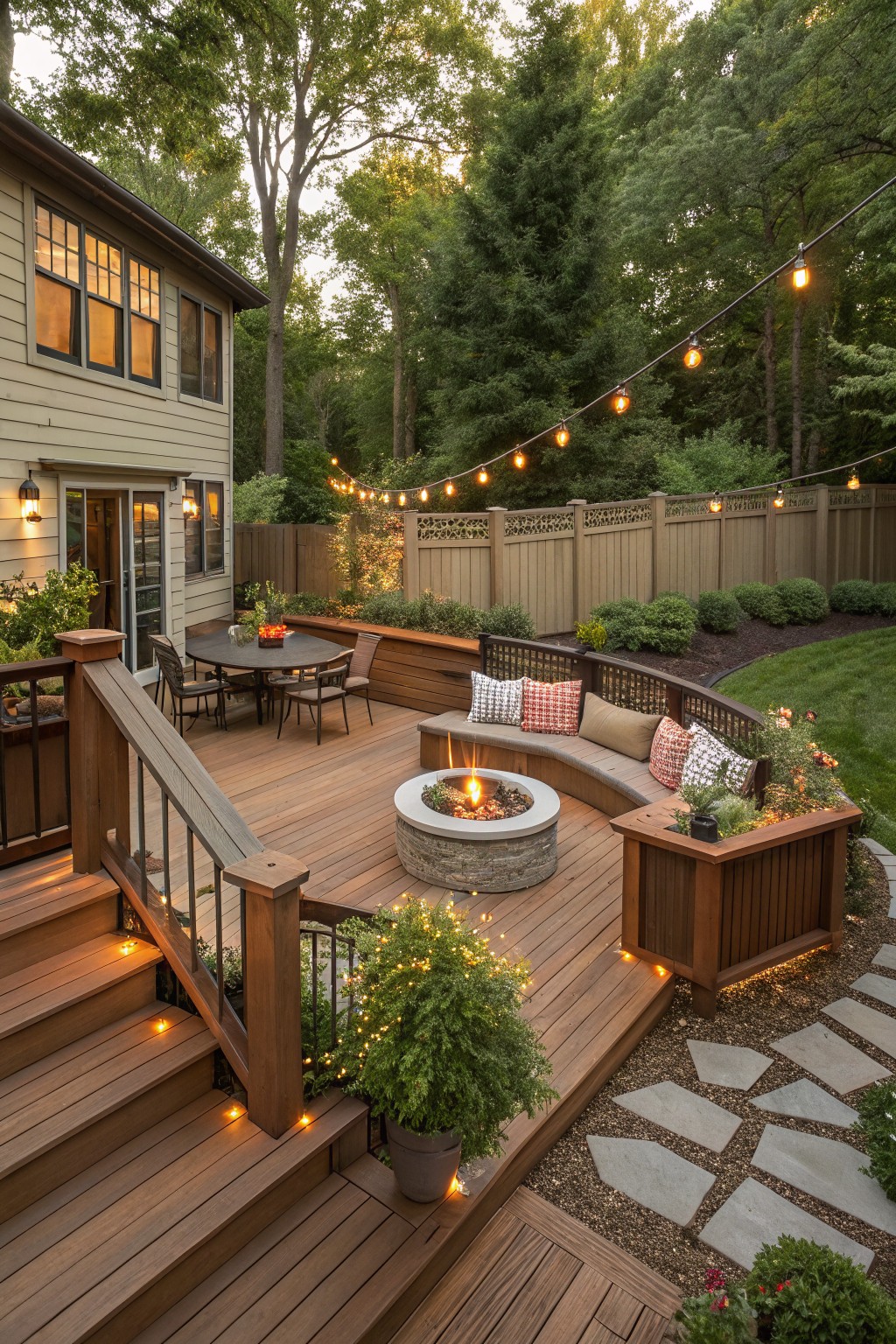 A multi-level wooden backyard deck featuring a central stone fire pit, curved built-in bench seating with pillows, wooden stairs with string lights, and surrounding trees and fencing.