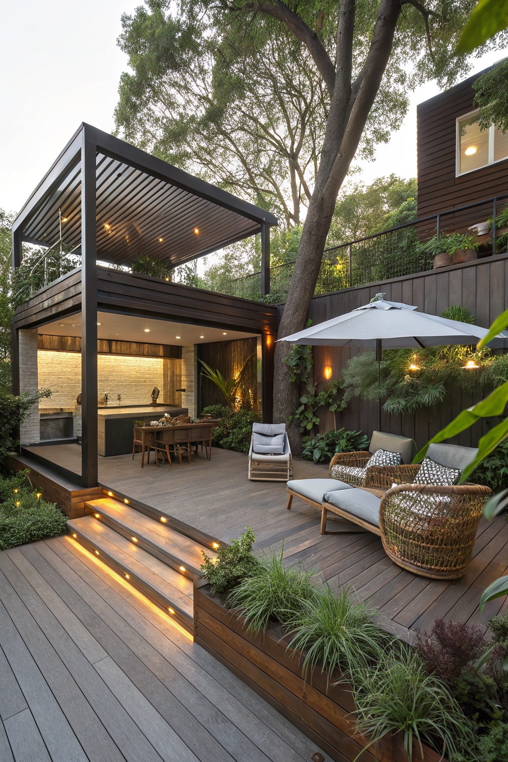 Modern wooden deck with outdoor kitchen, lounge seating, and ambient lighting at dusk.