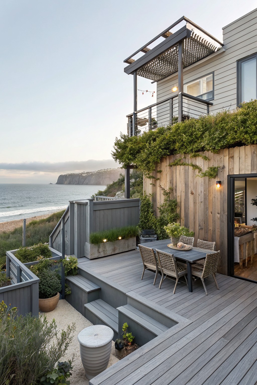A multi-level gray wooden deck attached to a house, featuring a dining table and chairs on the upper level, wide steps leading down, and an ocean view beyond.