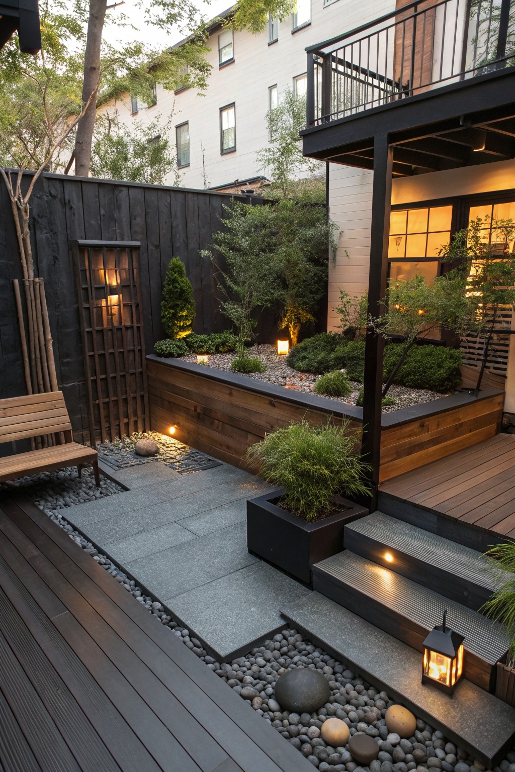 A compact backyard deck with wooden stairs, integrated planters, gravel paths, and low lighting beside a house.
