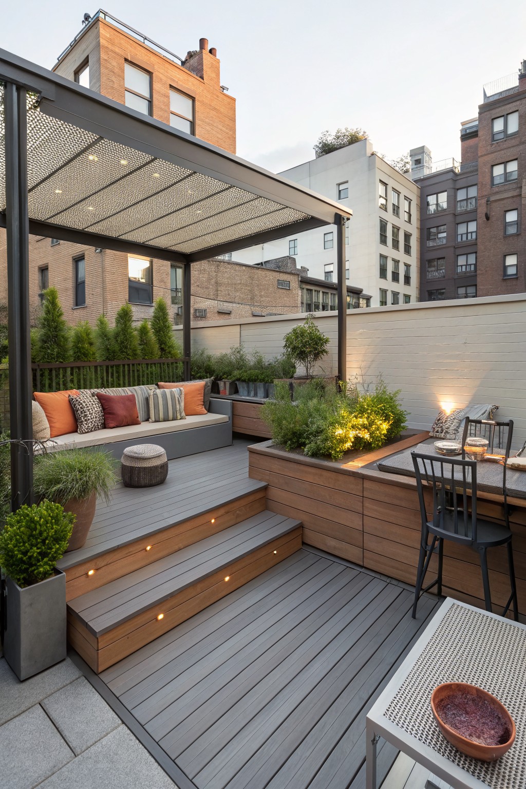 A multi-level backyard deck with gray composite boards, built-in bench seating, illuminated steps, and raised planters under a metal pergola.