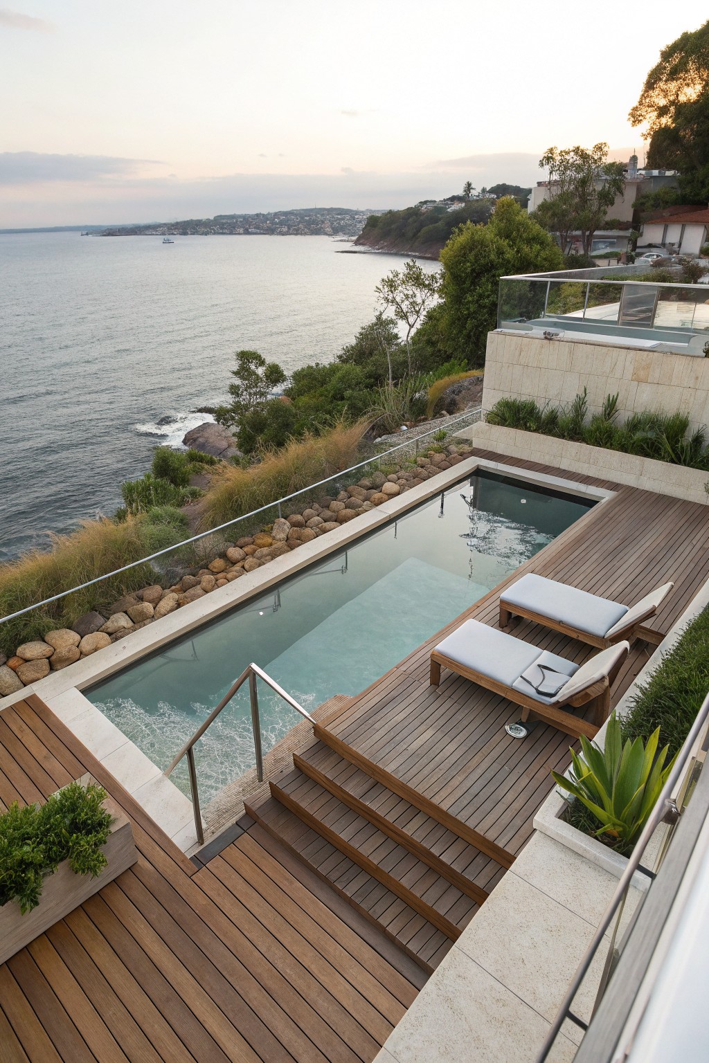 A multi-level wooden deck with an in-ground pool, two lounge chairs, and stairs connecting the upper and lower sections overlooking the water.