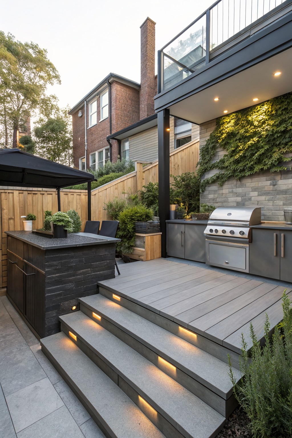 A multi-level backyard deck with gray composite flooring, concrete stairs featuring built-in lighting, a dark wood outdoor bar, and a stainless steel grill on the upper level.