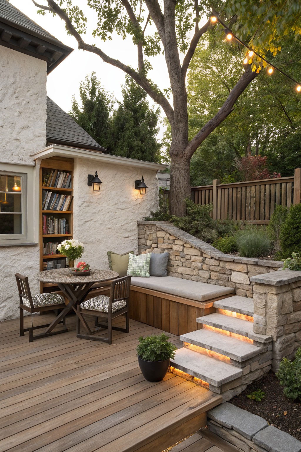 A wooden backyard deck with a built-in bench against a stone retaining wall, a round table and chairs on the main level, and illuminated stone steps leading down to a lower area.