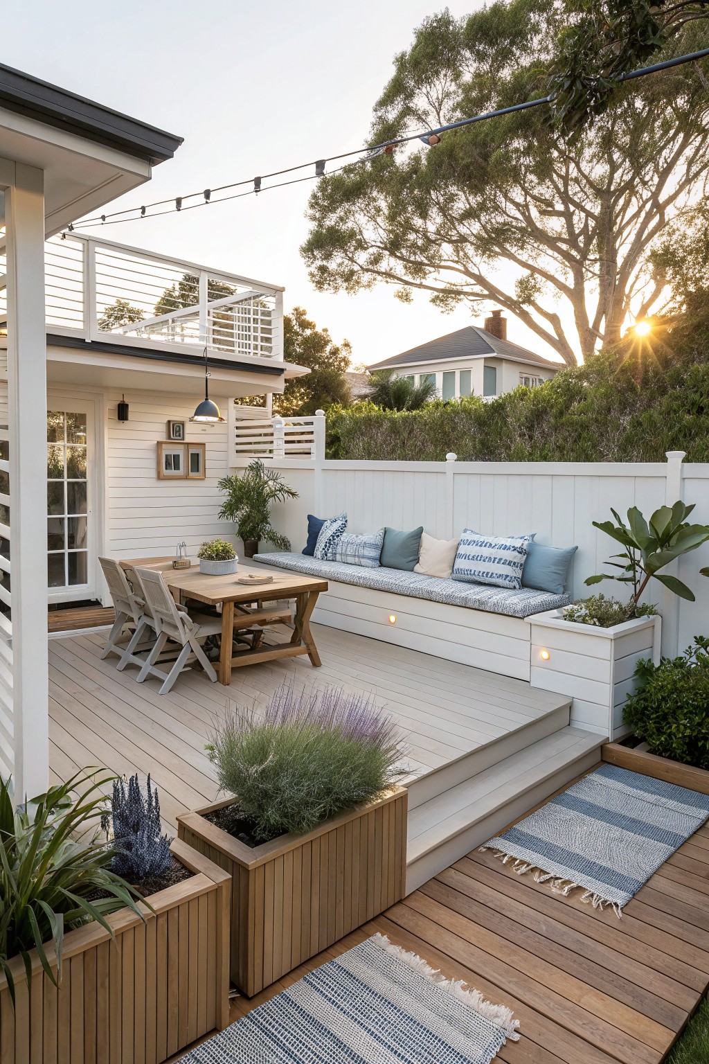 Multi-level backyard deck featuring a long white built-in bench with cushions, wooden planters, and a dining table on the upper section with rugs on the lower deck.