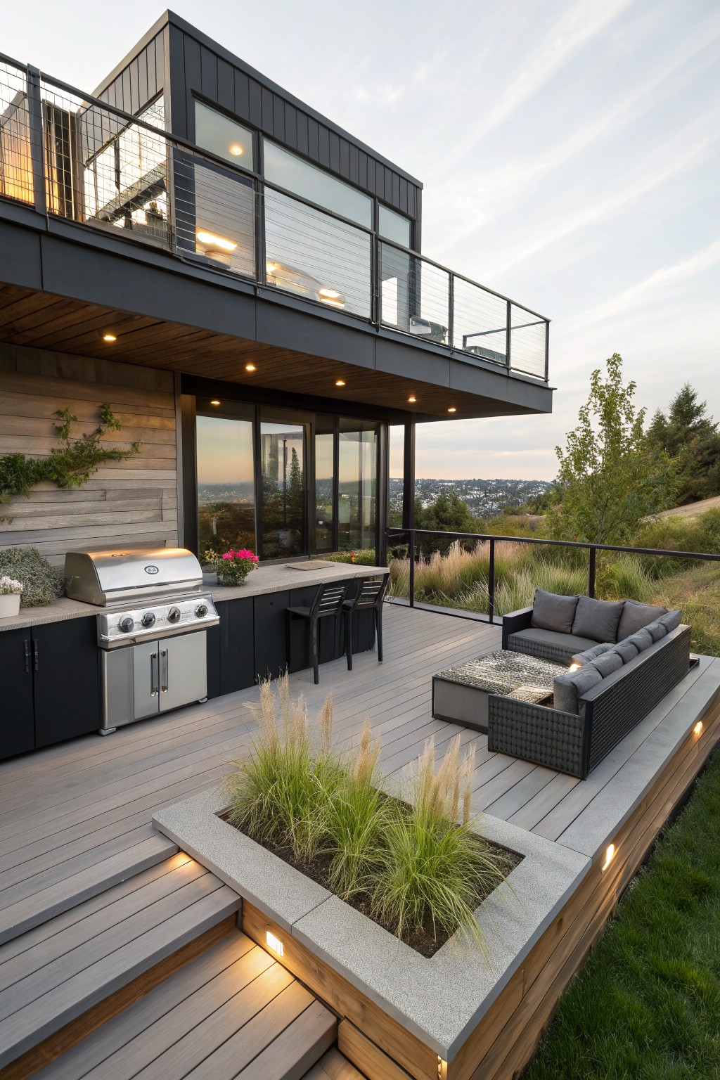 Modern deck with outdoor kitchen, grill, sofas, planter, and hillside view at dusk