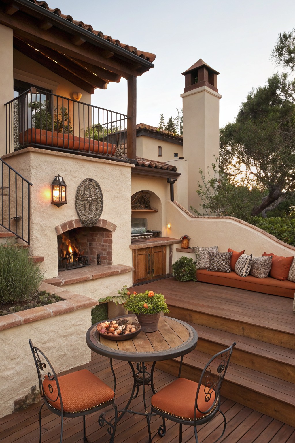A multi-level backyard deck with a built-in cushioned bench along the stucco wall, a round table with two chairs in the foreground, and an outdoor fireplace on the left side.