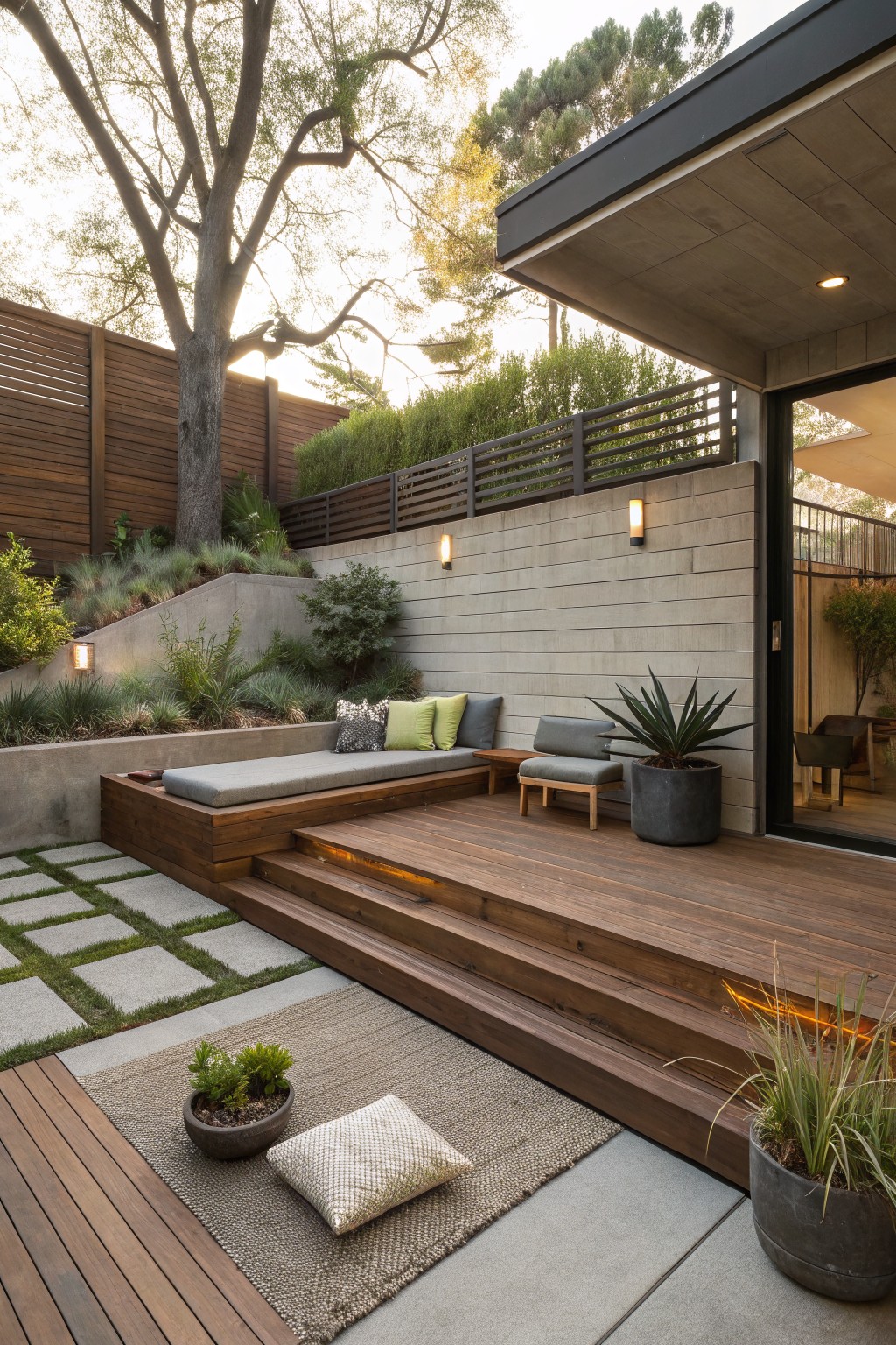 A multi-level wooden backyard deck with built-in bench seating, steps, potted plants, and a concrete retaining wall beside a modern house.