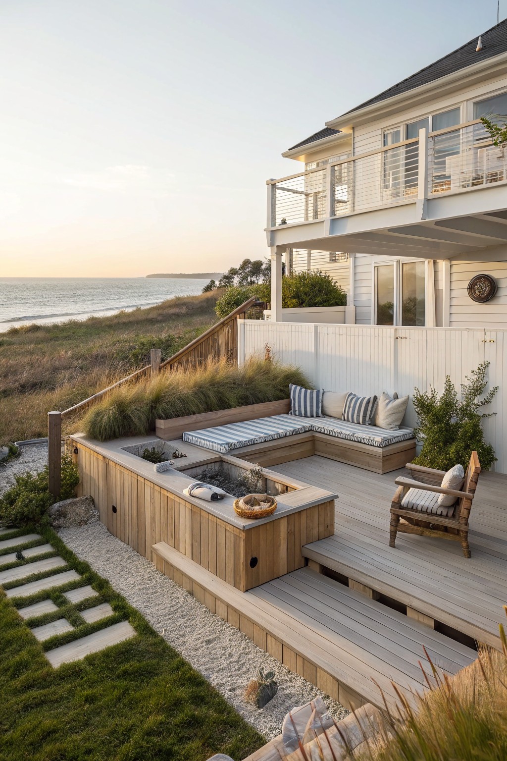 A multi-level wooden backyard deck featuring built-in cushioned seating, steps leading to a gravel path, and an ocean view.