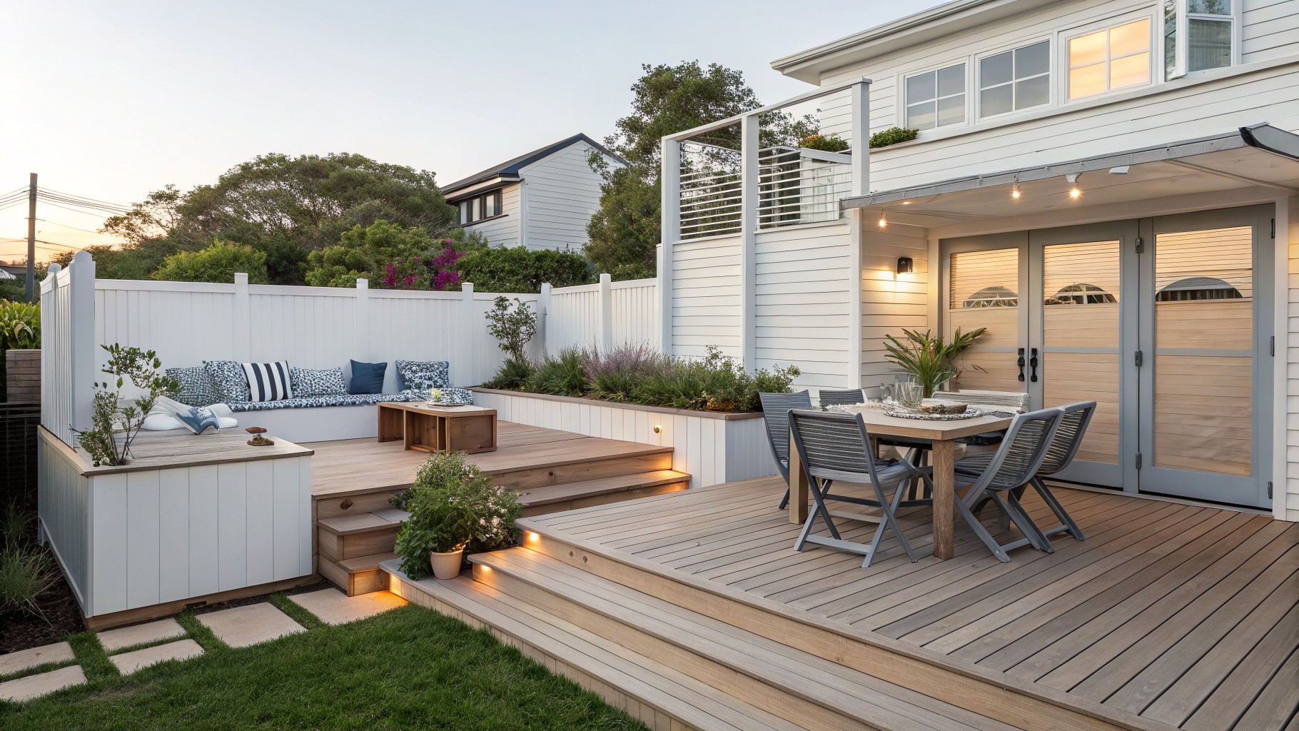 Multi-level backyard deck featuring a long white built-in bench with cushions, wooden planters, and a dining table on the upper section with rugs on the lower deck.