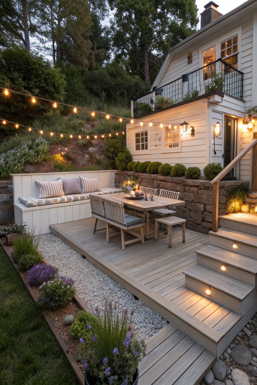 A backyard wooden deck with built-in bench seating, a dining table, and illuminated stairs beside a white house.