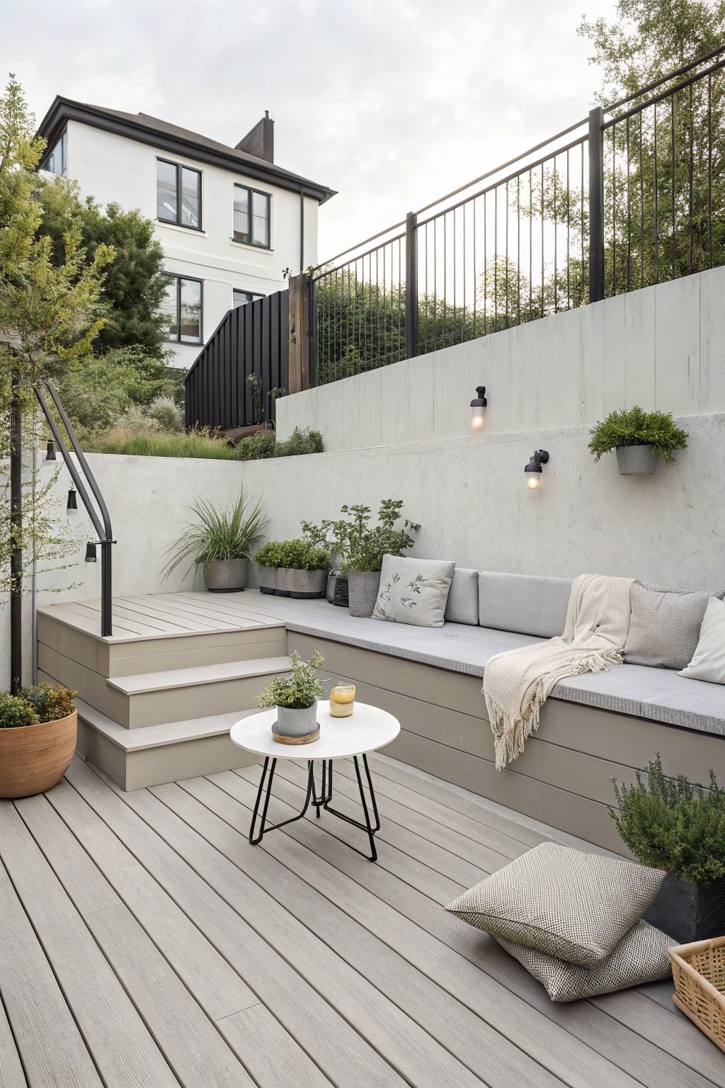 A small multi-level backyard deck with built-in bench seating on a raised platform, connected by steps to a lower deck area, surrounded by potted plants and a concrete wall.
