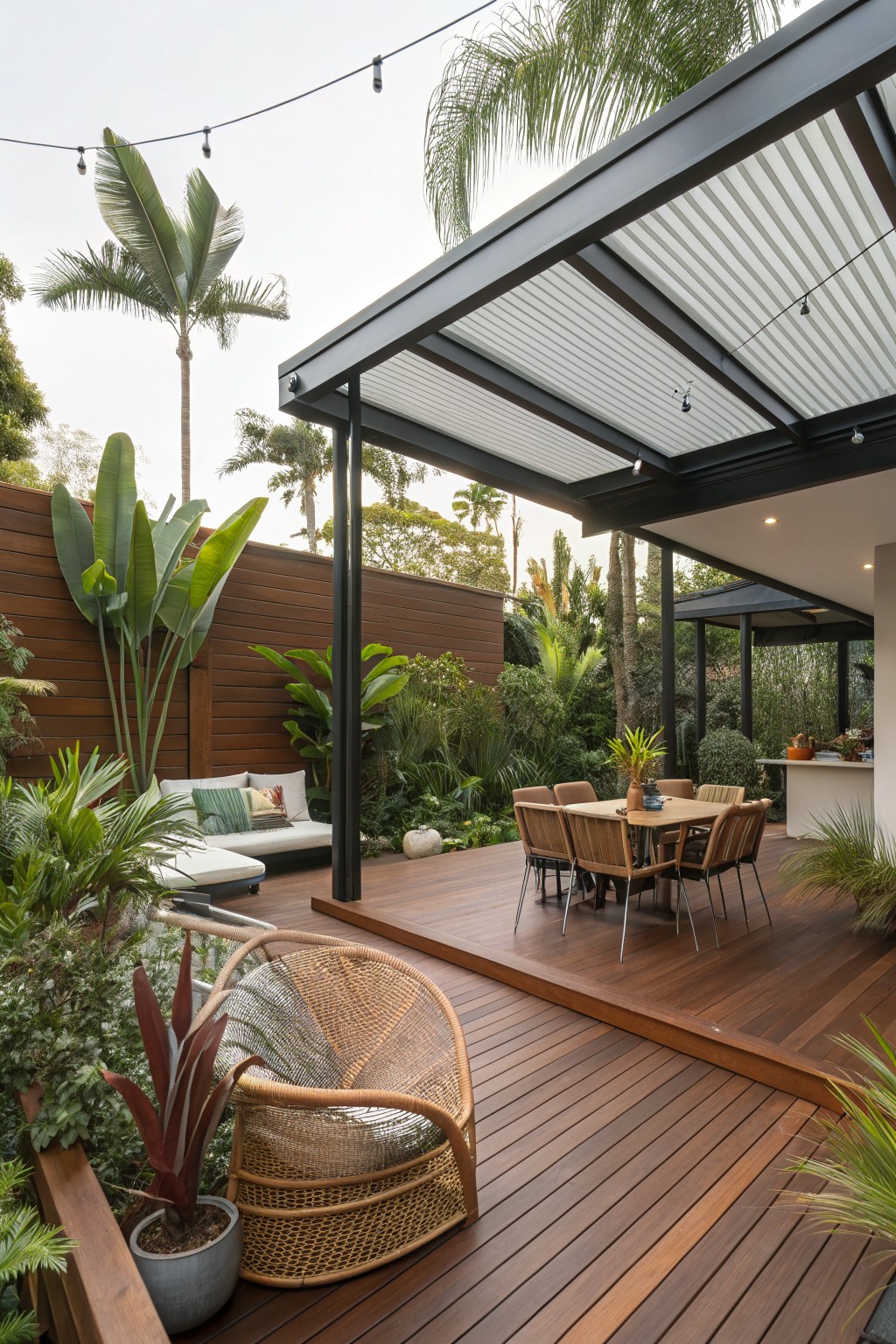 A wooden backyard deck with a raised dining platform under a covered structure, surrounded by plants and outdoor furniture.
