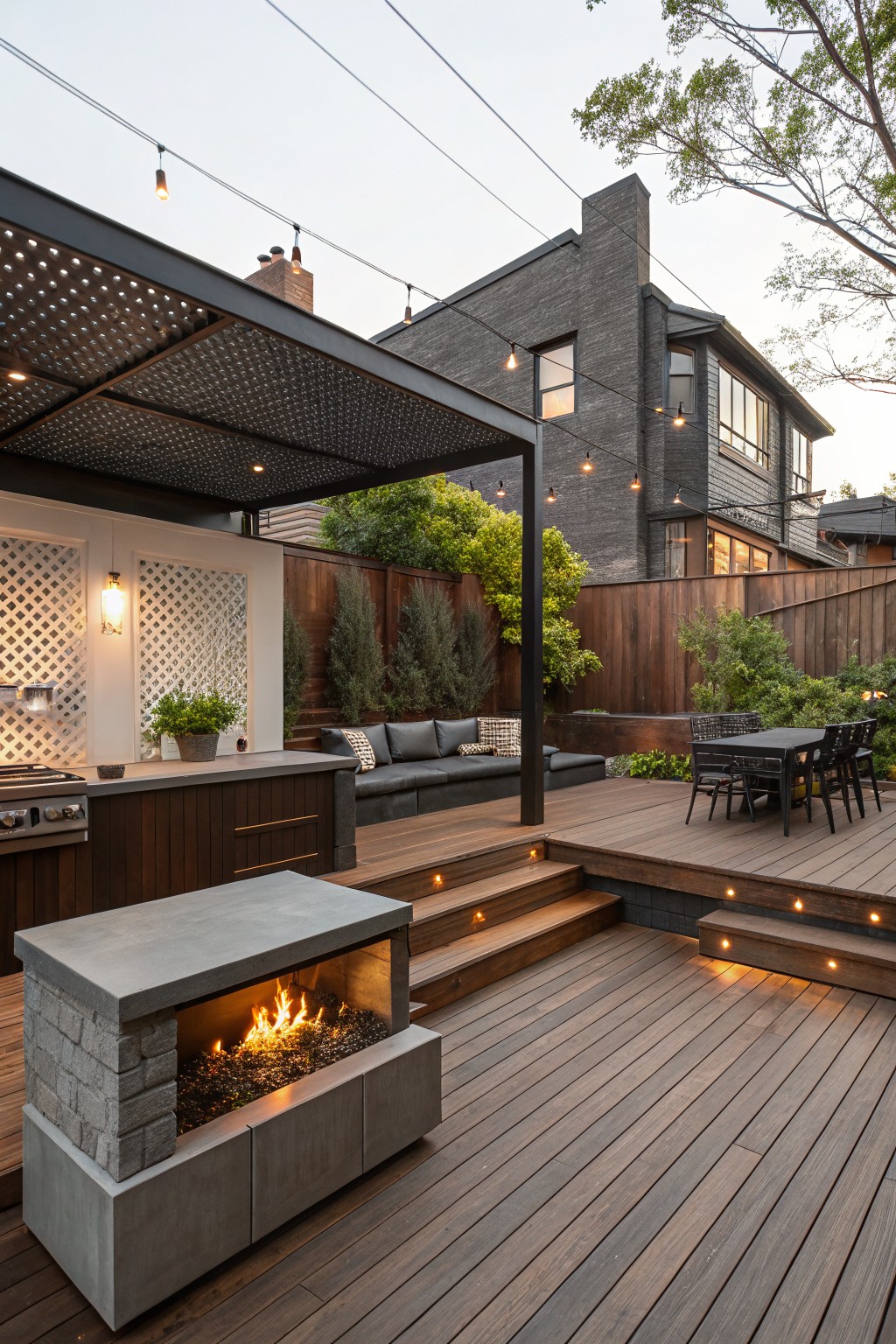 A multi-level wooden backyard deck featuring a concrete fire pit on the lower level, built-in seating, an outdoor kitchen area, and a dining set on the upper level.