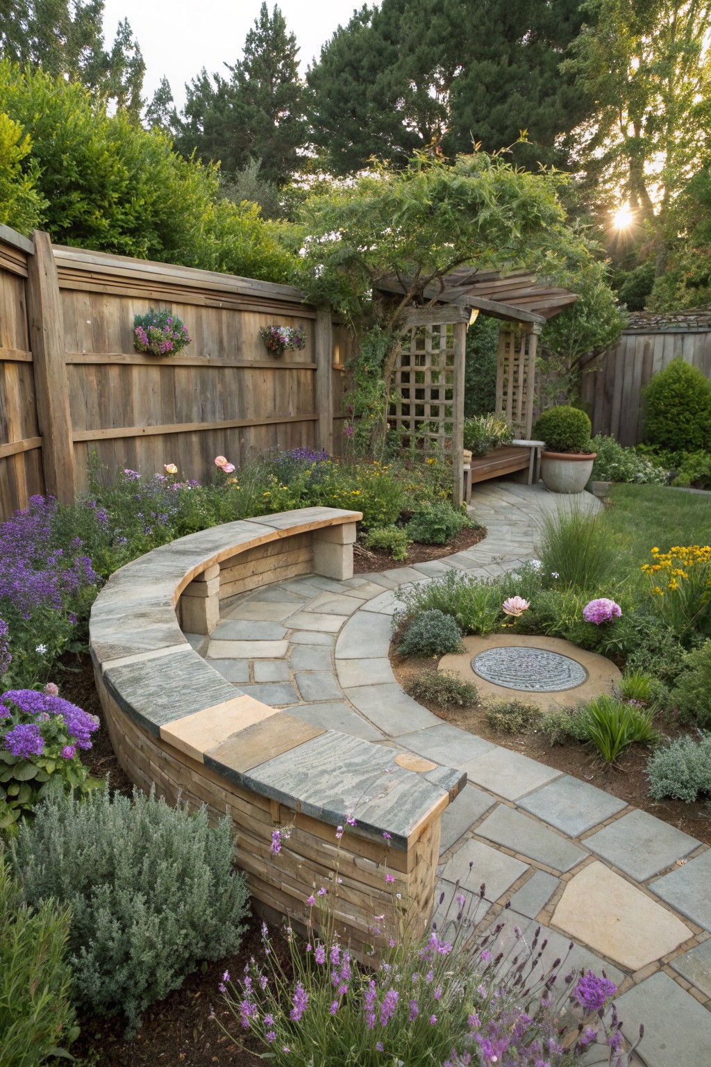 Curved stone bench in lush garden with winding path, flowers, and wooden pergola