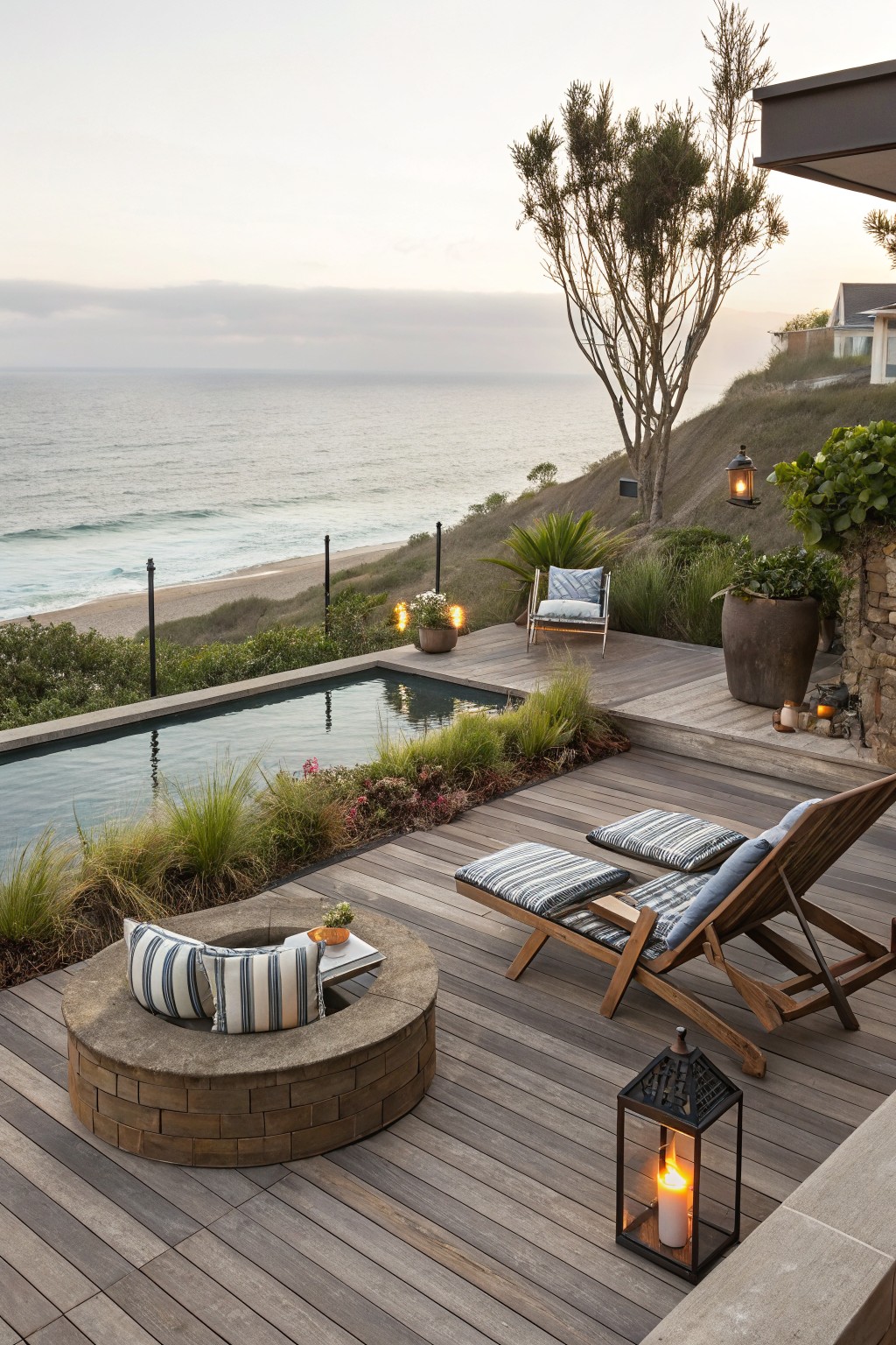 A wooden deck with a circular brick fire pit, striped cushions, wooden lounge chairs, and a pool overlooking the ocean.