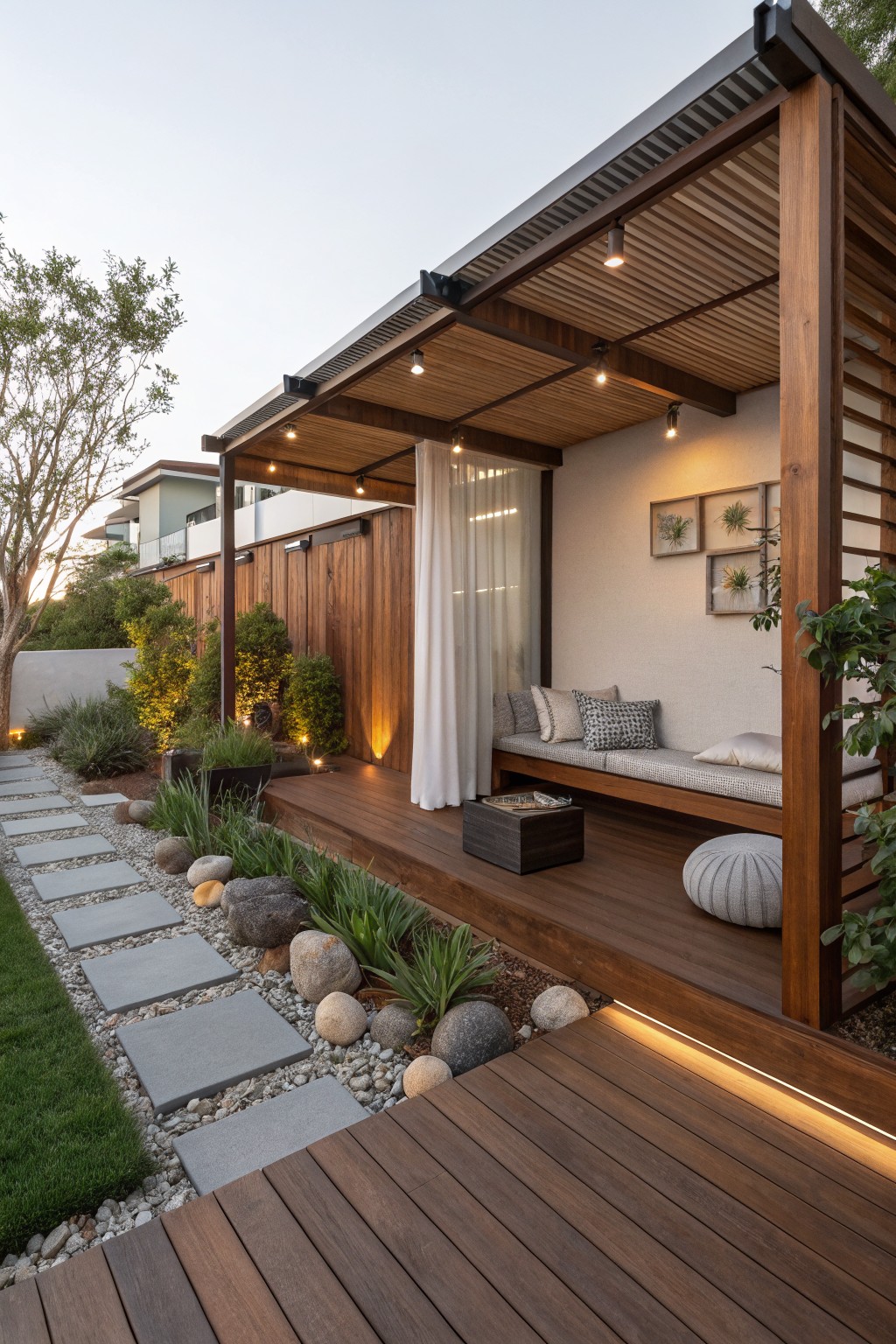 A wooden pergola covering a deck with a long built-in bench, cushions, a fire pit table, and gravel landscaping with stone pavers along the side.