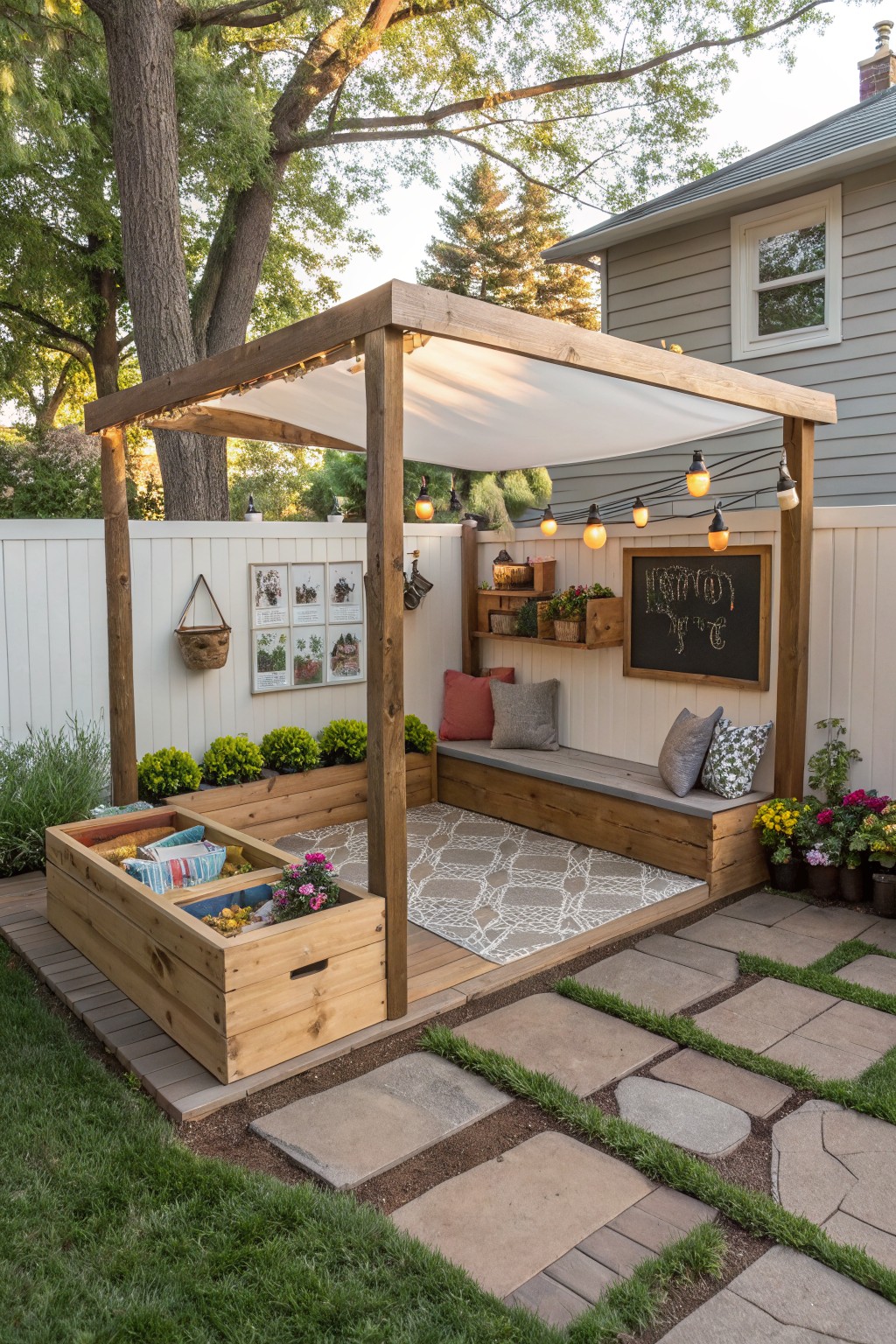 A wooden pergola with white fabric canopy, string lights, and built-in bench seating sits in a backyard next to raised planters and a fence with a chalkboard.