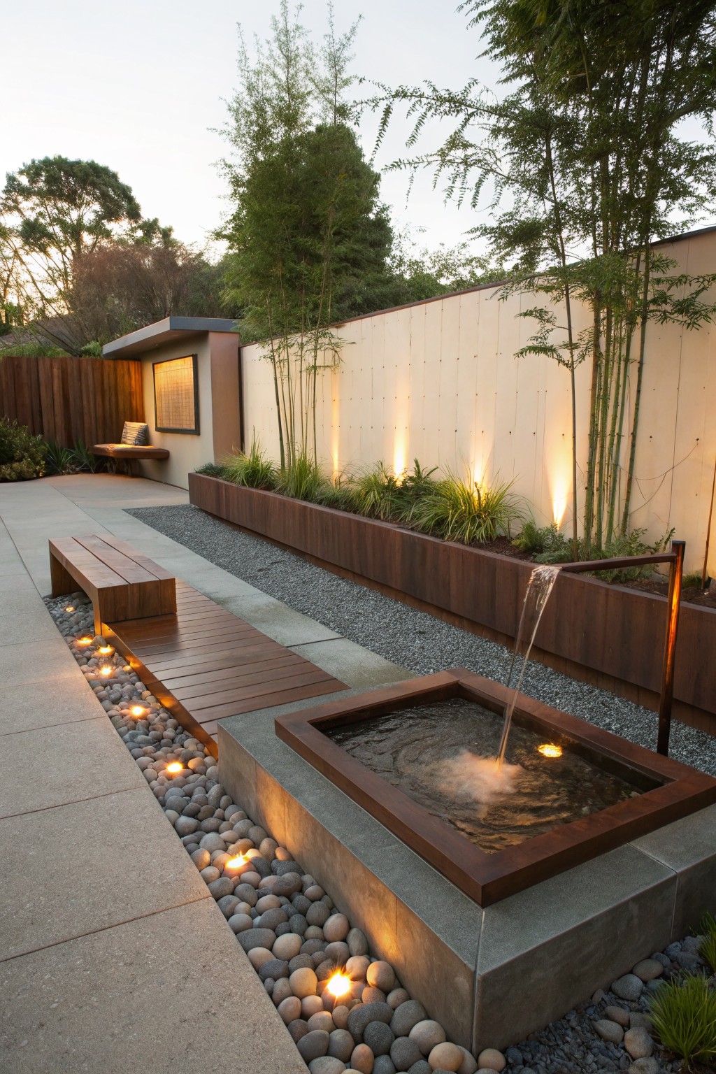 A square water fountain sits in a concrete and wood basin with flowing water, surrounded by pebble ground cover lit by small lights, next to a long raised planter filled with grasses and bamboo.