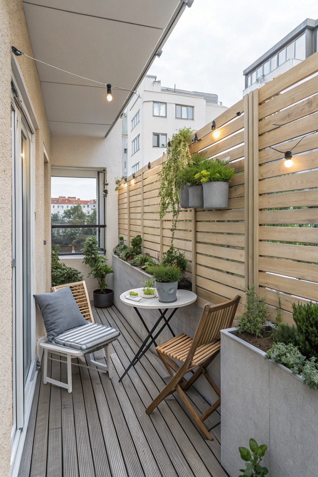 A narrow balcony with gray composite decking, two folding wooden chairs, a small round table, potted plants, and a tall horizontal wood slat privacy screen along the right side with string lights attached.