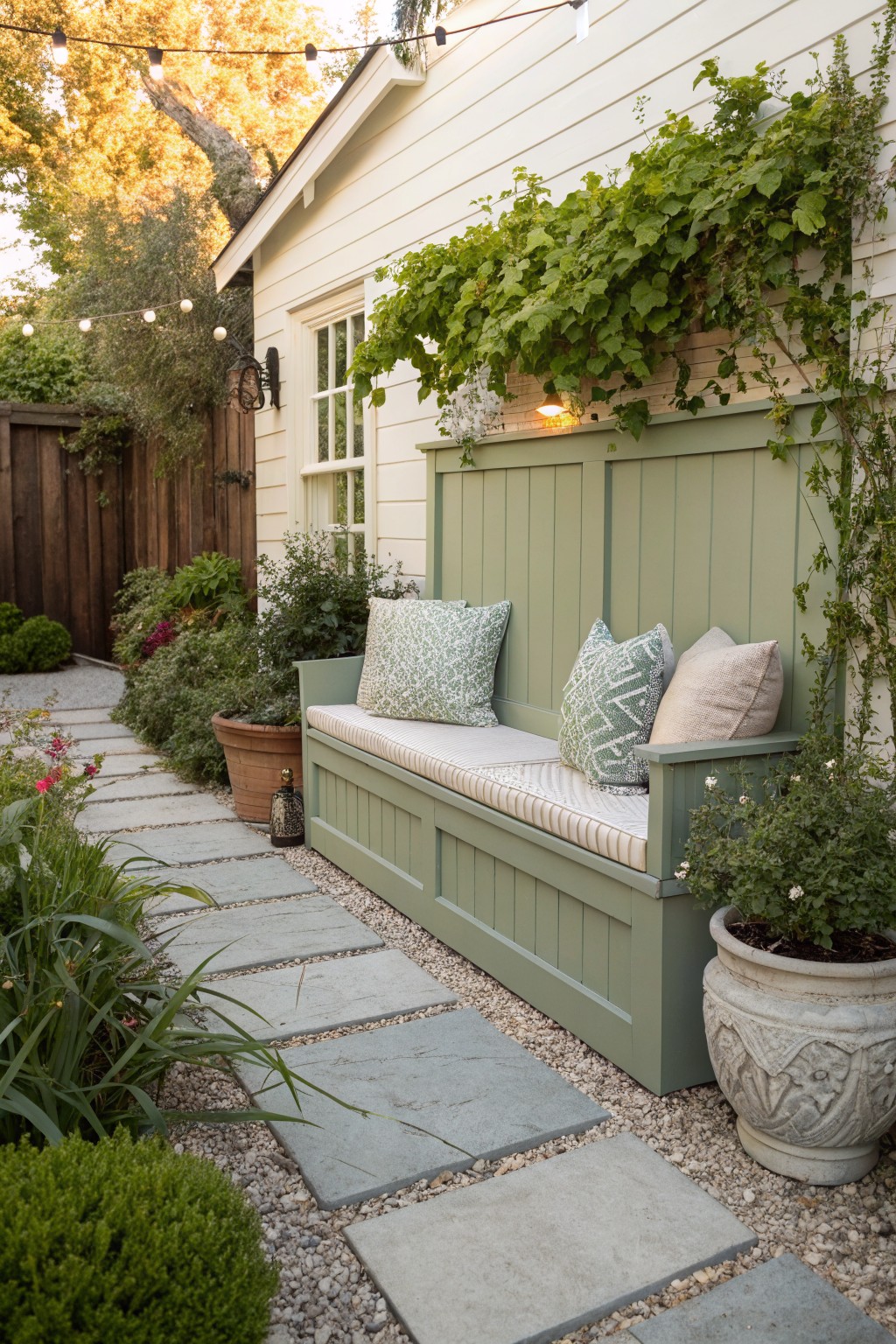 A green built-in bench with cushions and pillows is positioned against a house wall beside a stone pathway and potted plants.