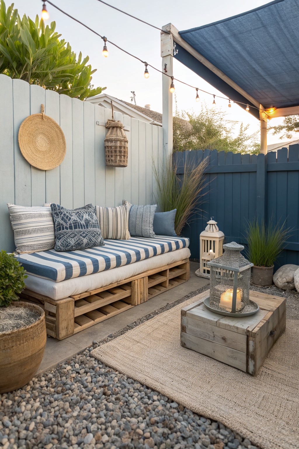 A small backyard patio shows a daybed built from wooden pallets with blue and white striped cushions, string lights above, and lanterns placed on a crate nearby.
