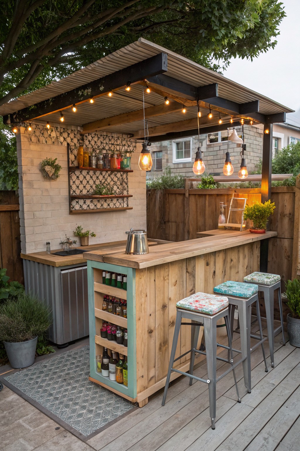 A wooden outdoor bar with open shelving for bottles, three metal stools with cushions, and string lights on a backyard deck.
