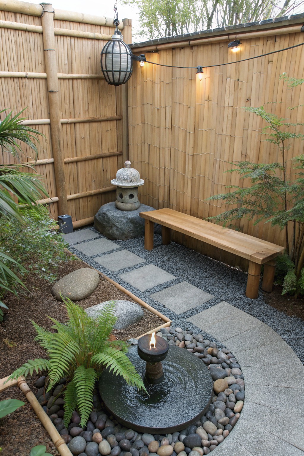 A small backyard corner with a wooden bench placed on gravel beside a stone path, bamboo fencing, and surrounding plants.