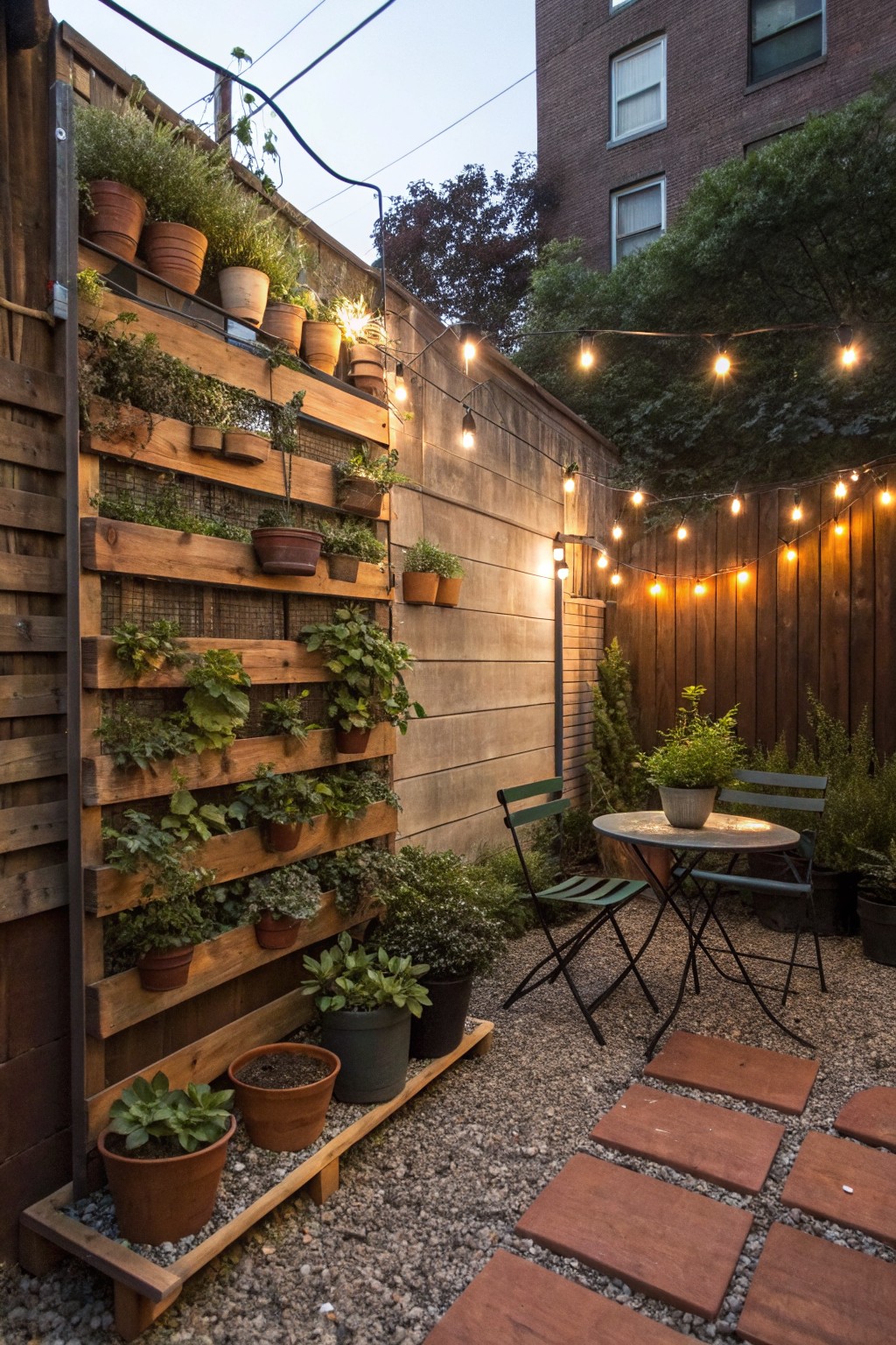 Vertical wooden pallet garden wall with string lights and bistro table on gravel