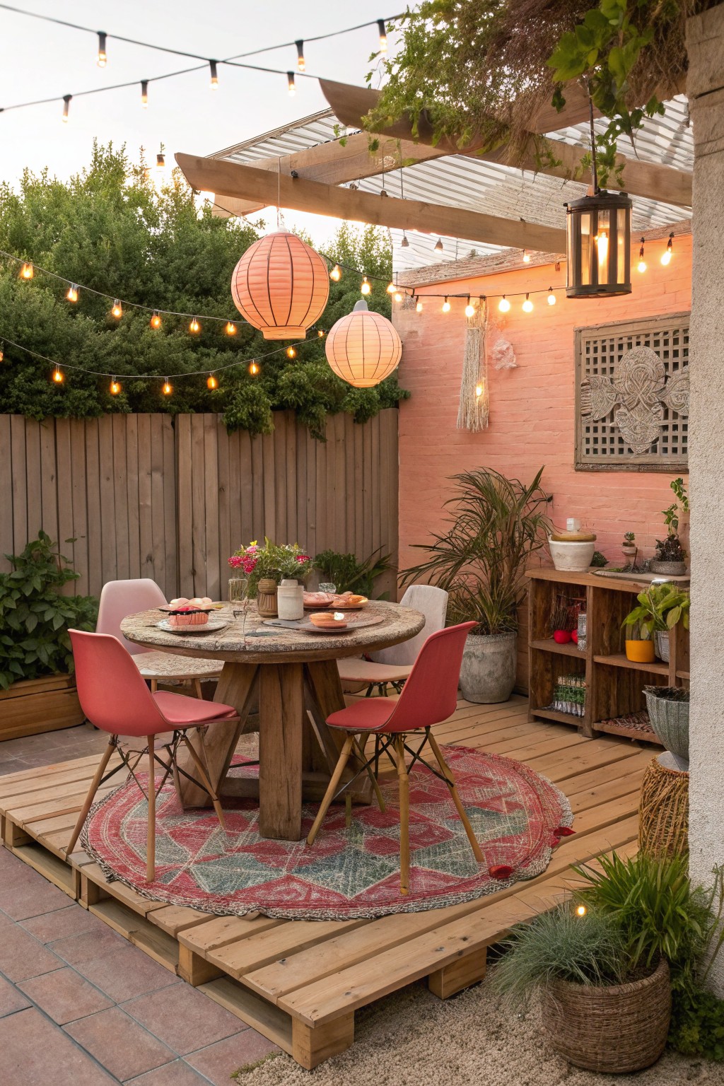 A round wooden dining table with red chairs sits on a large patterned red and teal rug placed on a wooden pallet deck in a backyard patio setting.